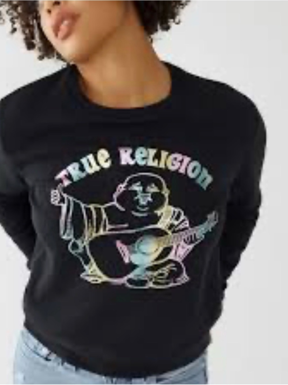 True Religion Black Crewneck with Pastel Rainbow Buddha Graphic